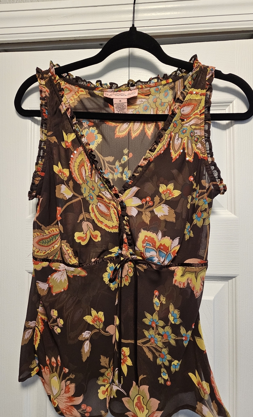 Bandolino Brown Sheer Floral Tie-Front Sleeveless Camisole